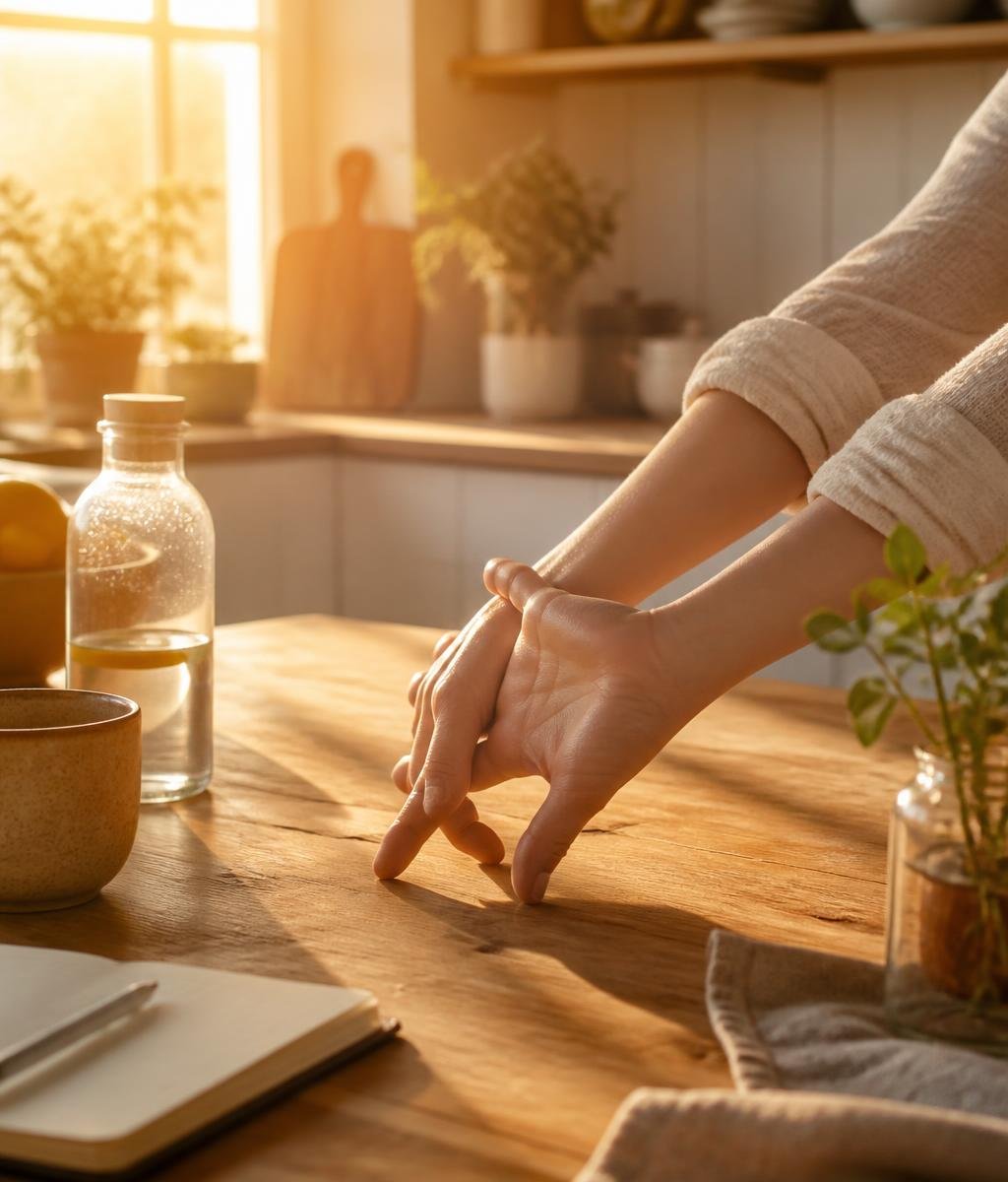 Hands stretching gently on a sunlit wooden kitchen table