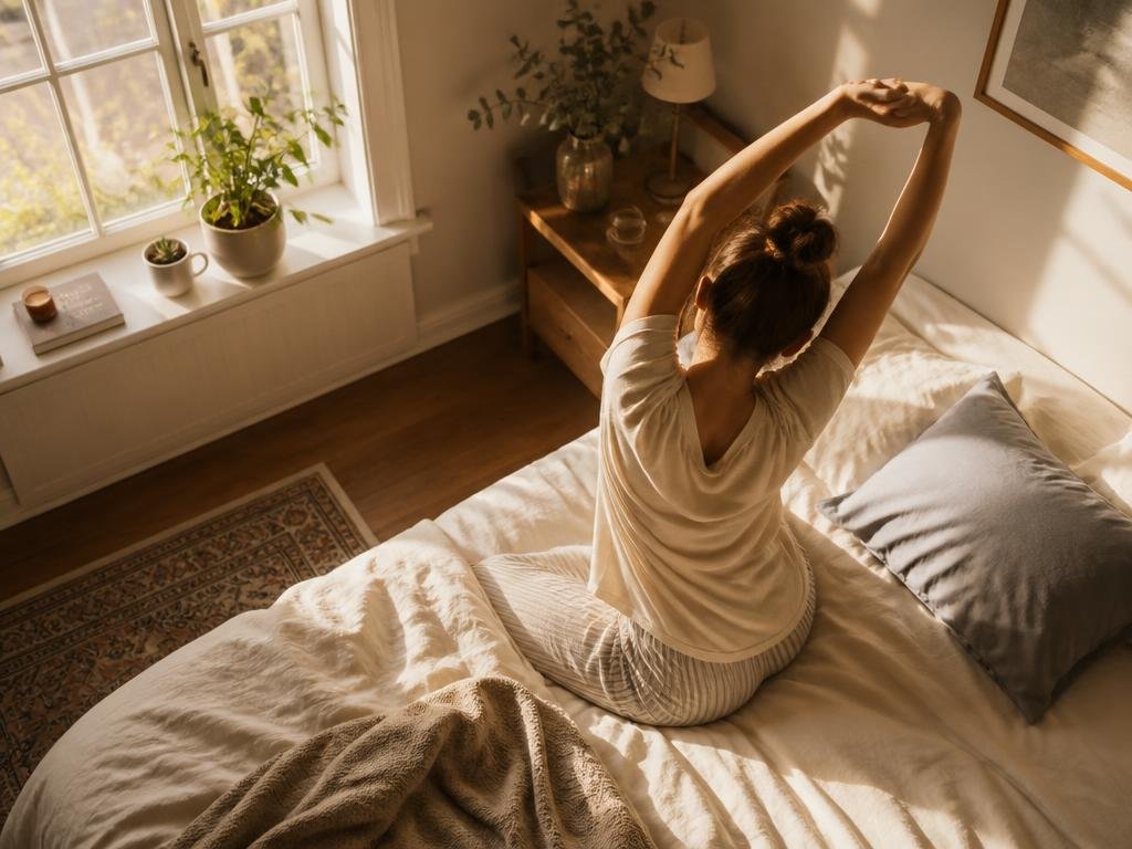 Person stretching arms overhead in morning sunlight by a window